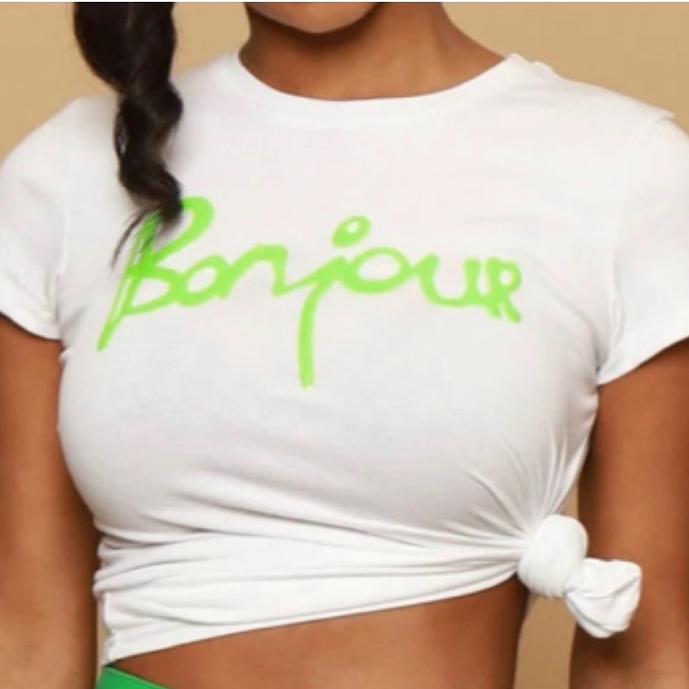 White Bonjour Graphic Crop Top with Neon Green Script